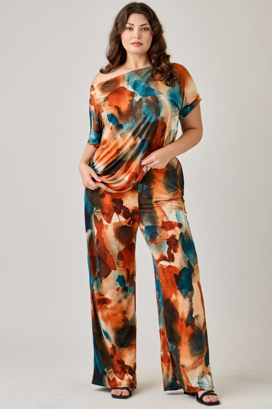 Plus Size Short Sleeve Top And Wide Leg Pants Set