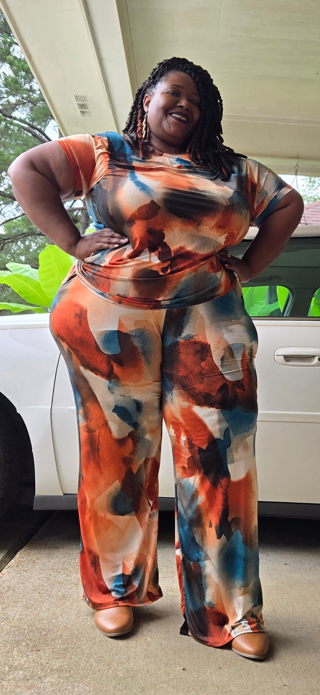 Plus Size Short Sleeve Top And Wide Leg Pants Set