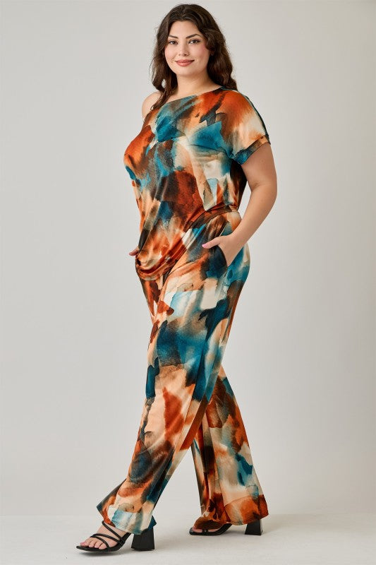 Plus Size Short Sleeve Top And Wide Leg Pants Set